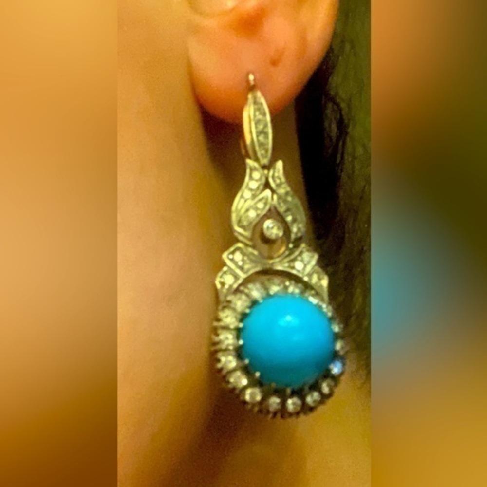 - Turquoise Gold Dimond earrings gorgeous vintage style 14k gold